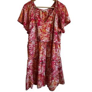 Beach Lunch Lounge Tropical Palm Print Flutter‎ Sleeve Tiered Summer Dress L/G